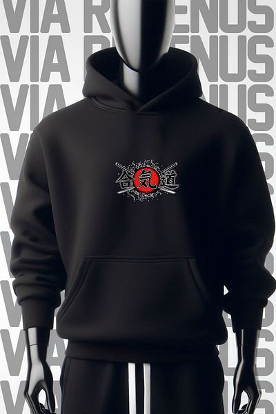Vordevia Samurai Printed Black Hooded Sweatshirt - 3 Thread, Wide Fit