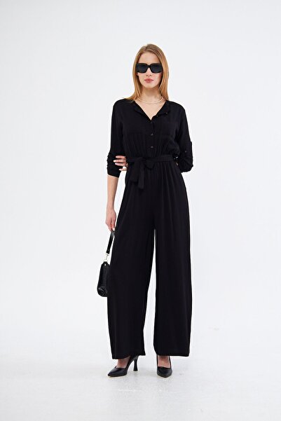 Pasaklı Giyim Kadın Siyah Cepli Beli Lastikli Kemerli Uzun Kollu Yuvarlak Yaka Düğmeli Rahat Kesim Tulum 3297320