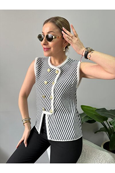 Nopen Knitwear Asymmetrical Cut and Detailed Gold Buttoned Women's Knitwear Vest Sweater