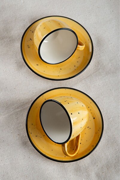 Heda Porselen Alya El Dekoru 4 Parça 2 Kişilik Porselen Kahve Fincan Takımı Sarı