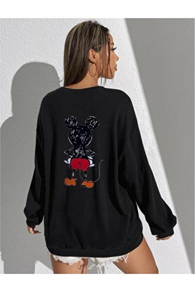 Genel Markalar Kadın Oversize Kapşonlu Ön Arka Mickey Mouse Baskılı Sweatshir...