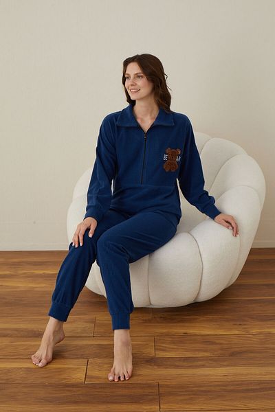 makkash Set de pijamale de damă din bumbac albastru cu model de urs - fermoar frontal, mânecă lungă