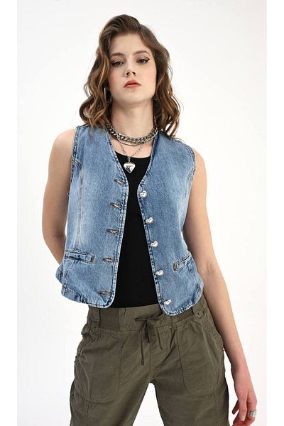 İLKCET MODA Jachetă cu inimă din denim - fără mâneci