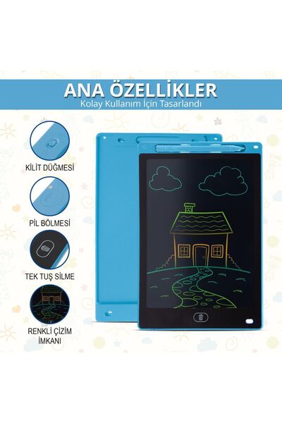 ThinkMaster Çocuk Yazı Tahtası Renkli e-Yazı Tahtası Digital Yazı Tahtası Çizim Tableti 10.5 Inç Ekranlı Mavi