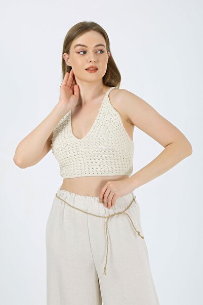 PALMMAMA Örgü Inci Işlemeli Bej Renk Sırt Detaylı Standart Kadın Crop/büstiyer