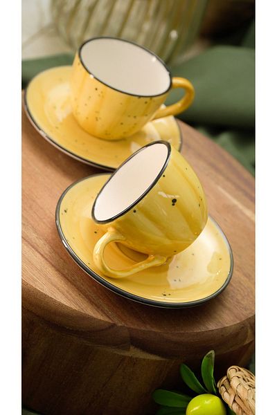 Heda Porselen Alya Hand Decor - 4-Piece 2-Person Porcelain Cup Set, Yellow