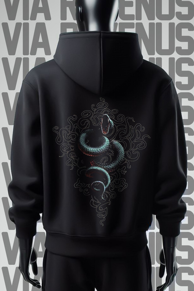 Vordevia سويت شيرت بقلنسوة بطبعة ثعبان أسود واسع - 3 خيوط