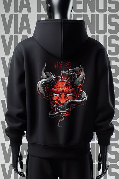 Vordevia Hanorac negru cu glugă Yakuza 3 Yarn Wide Mold - Imprimat pe față și pe spate