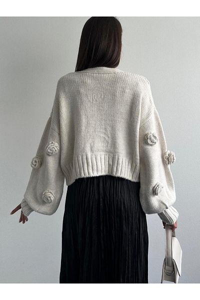 YouLikeButik Rose Embroidered Handcrafted Balloon Sleeve Cardigan