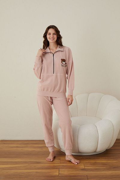 makkash Lucky Patterned Powder Cotton Women's Pajamas Set - Front Zipper, Long Sleeve