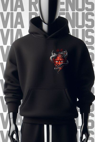 Vordevia Hanorac negru cu glugă Yakuza 3 Yarn Wide Mold - Imprimat pe față și pe spate
