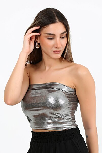 PALMMAMA Kadın Party Işıltılı Metalik Gri Straplez Crop Büstiyer
