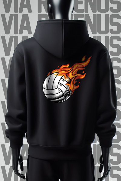 Vordevia Hanorac negru cu glugă cu imprimeu în față și spate pentru volei