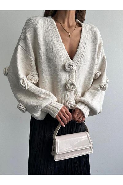 YouLikeButik Rose Embroidered Handcrafted Balloon Sleeve Cardigan