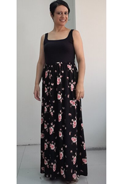 Mertcan Butik Fusta din viscoza din bumbac pieptănat 6 piese - neagră, model floral roz și talie elastică