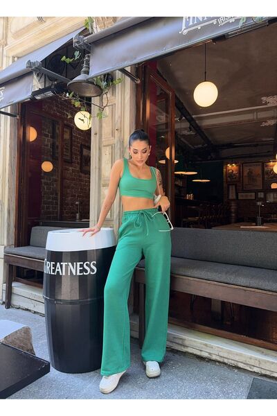 R&G RIMANERE GIOVANI Green Women's Sweatpants - Two Thread, Elastic Waist, Pocket Detail, Wide Leg