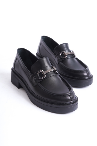 MİSS AMORE Черни дамски обувки мокасини с катарама от естествена кожа