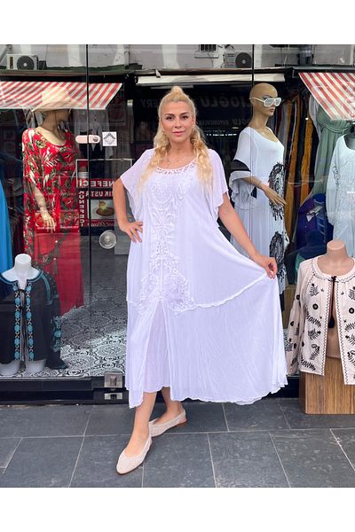 Sosyete Kaplumbağa Authentic Voile Cotton Guipure Detailed Short Sleeve White Maxi Dress