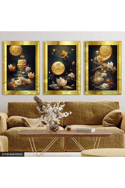 Evinemoda Design artistic abstract 3 piese pictură din plexiglas auriu cu ramă în oglindă