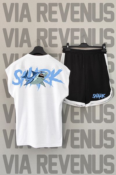 Vordevia Αθλητικό μπλουζάκι με στάμπα Shark και μαύρο σορτς - μηδενικό μανίκι