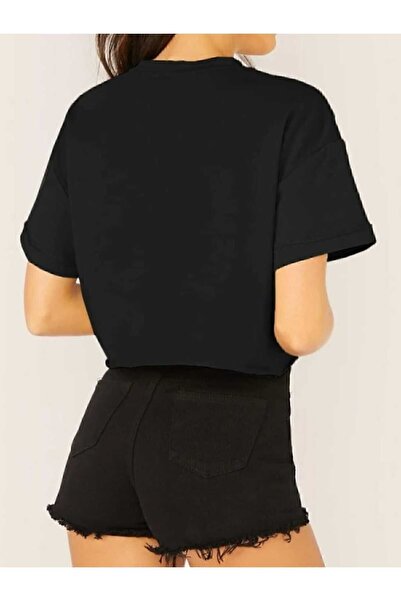 Genel Markalar Crop Bisiklet Yaka Örme T-shirt
