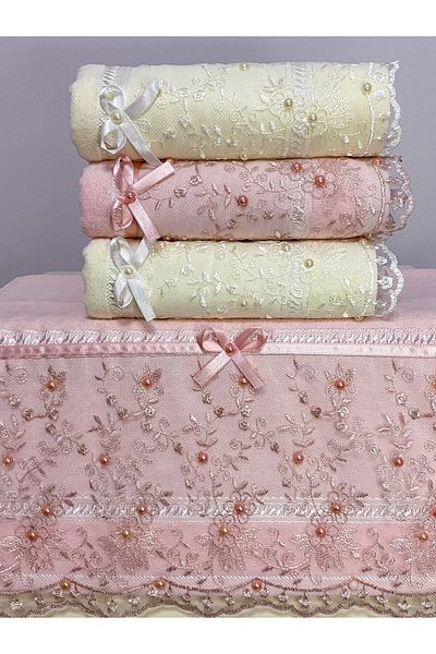 AYHANHOME Set of 4 Cotton Velvet Laced Bow 50x90 Patterned Hand and Face Towels
