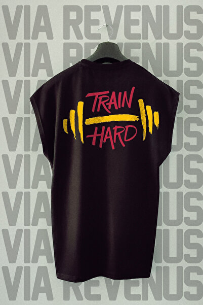 Vordevia Tricou sport negru greu Train - imprimat pe spate, mâneci zero