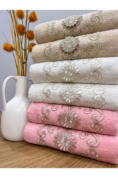 AYHANHOME French Guipure Embroidered Patterned Luxury Dowry Set 50x90 Set of 6 Hand and Face Towels