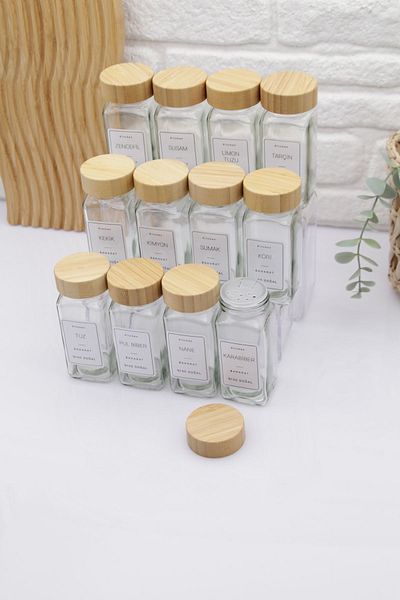 zezedesing Bamboo Lid 12-Piece Spice Set with 18 Angled Labels (With Spray Head)