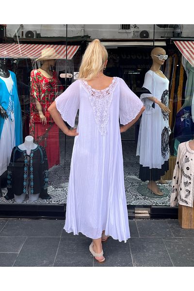 Sosyete Kaplumbağa Authentic Voile Cotton Guipure Detailed Short Sleeve White Maxi Dress