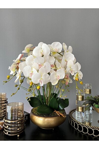 LİLOTEHOME 8 DAL KIRIK BEYAZ ISLAK ORKİDE ARANJMAN UFO MODEL ESKİTME MAT GOLD SAKSIDA