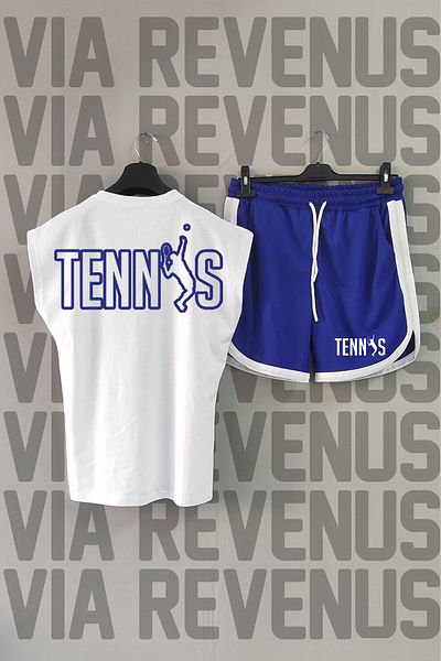 Vordevia White Tennis Sports T-Shirt - Back Print, Zero Sleeve and Blue Shorts Set
