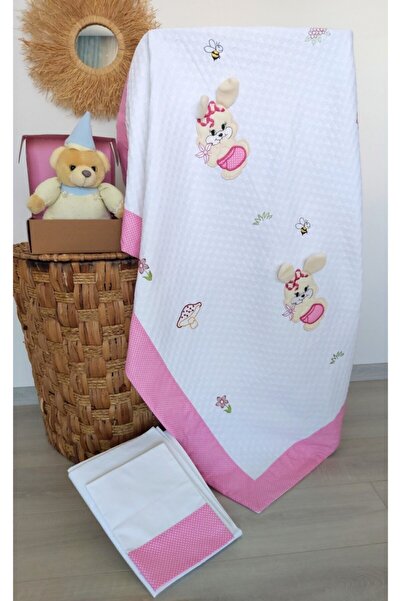 Genel Markalar %100 Pamuk Pembe Tavşan Desenli Kalın Biyeli Bebek Pike Takımı