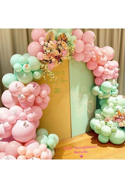 Partimalzemeleriburada 1 Yaş Doğum Günü Balon Seti Pembe Su Yeşili 50’li