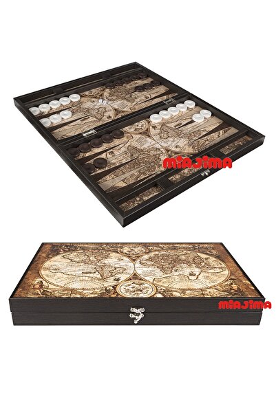 Miajima Deri Tavla Takımı Antik Haritalı Deri Tavla Takımı Lüx Deri Pul Hazneli