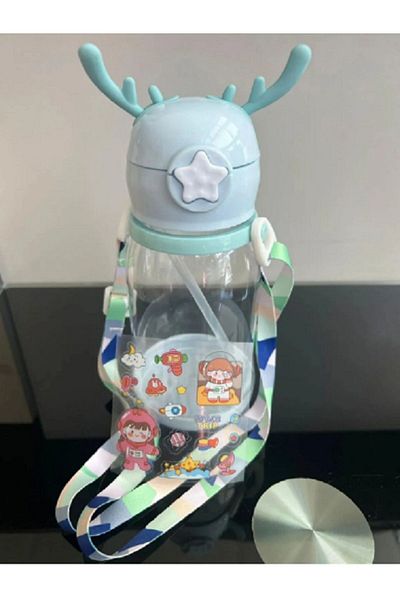 Blue Home Lıght Deer Flask, Children's Water Bottle, Water Bottle with Straw (with Hanging Label) Deer Flask