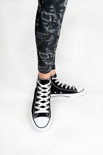 Shupe Siyah Beyaz Ejderha Baskılı Boğazlı Model Keten Sneaker
