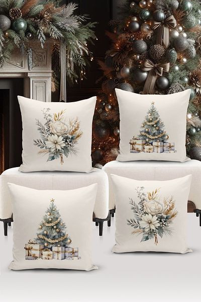 Bertille Home New Year Series - Double Sided Digital Printed 4-Piece Throw Pillow Cover Set (Christmas Christmas Cushion Cover)