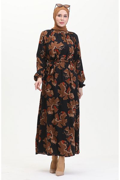 sefamerve Brown Raglan Sleeve Patterned Belted Dress - 0476-06