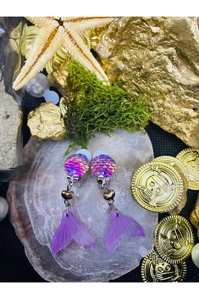 1PARÇAMAVİ Mermaid Pink Fishtail Clip Non-Perforated Children's Earrings - Pinched Earrings