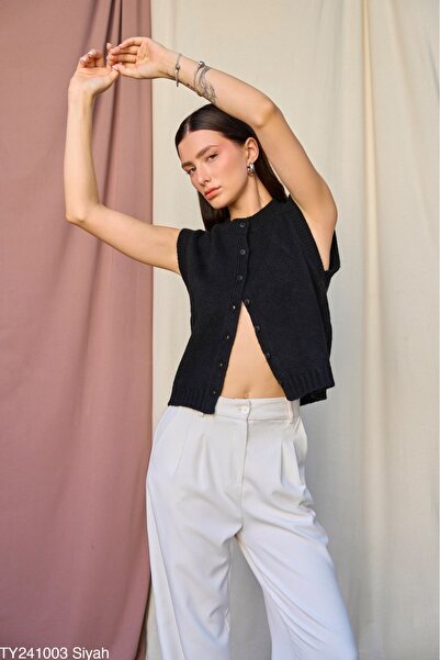 Zey Studio Черно велосипедно деколте Основен плетен дамски кардиган - с копчета