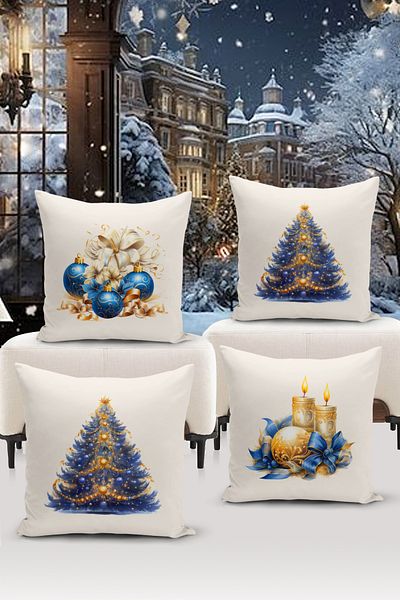 Bertille Home Seria de Anul Nou - Set de 4 huse de pernă cu imprimare digitală pe două fețe (Husă de pernă de Crăciun)