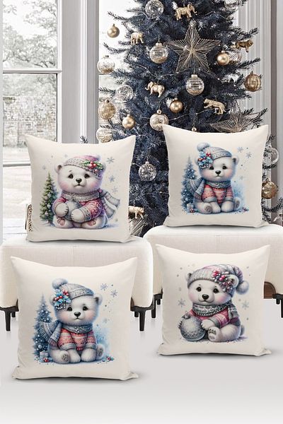 Bertille Home Seria de Anul Nou - Set de 4 huse de pernă cu imprimare digitală pe două fețe (Husă de pernă de Crăciun)