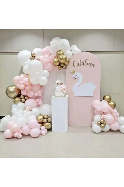 Aksesuar Set of 100 White, Pink and Gold Colored Chrome Balloons
