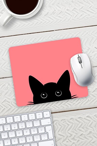 HobiShop Açık Kırmızı Renk Kedi Baskılı Mouse Pad 23x19cm Fare Altlığı Kaydır...