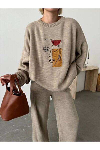 veira Nyomtatott absztrakt dizájnú női kötöttáru szett - Stílusos pulóver és nadrág