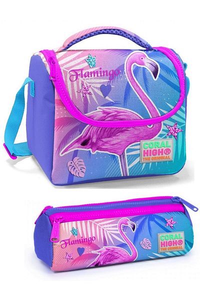 Coral High Set de cutie de prânz pentru fată, albastru, roz, flamingo