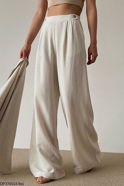 Liora Women's Beige Double Button Detailed Elastic Waist Linen Palazzo Pants