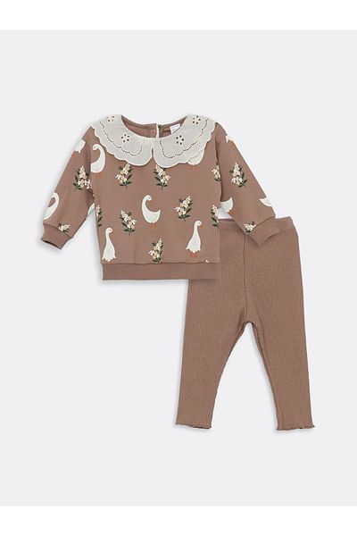LC Waikiki LCW Baby - Baby Collar Printed Baby Girl Sweatshirt and Leggings Set of 2