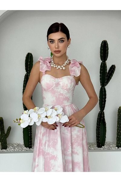 Julidress Καλοκαιρινό φόρεμα Premium ροζ σιφόν - με στήριγμα στο στήθος και βολάν